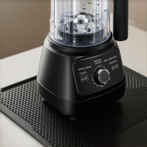 A textured silicone mat placed under a blender to prevent vibration and movement on a countertop.
