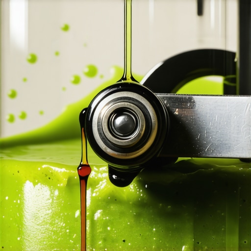 Close-up of a blender blade leaking dark oil into a green smoothie due to bearing failure.