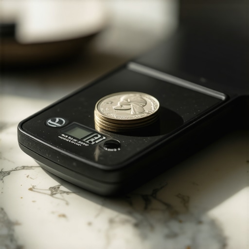 A person calibrating a digital kitchen scale using a stack of nickels on a kitchen counter.