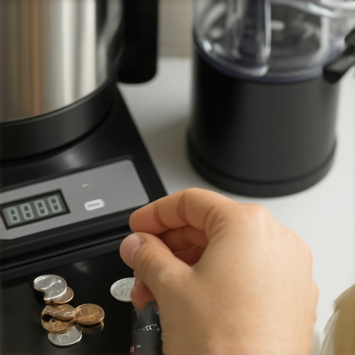 A hand placing five nickels on a digital kitchen scale for calibration in a modern kitchen.