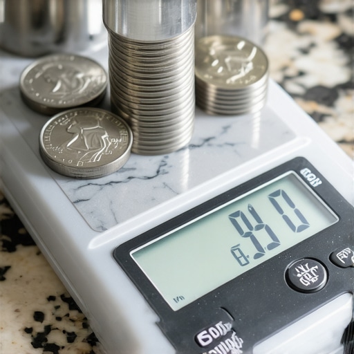 Calibrating a Digital Kitchen Scale with Nickels A stack of US nickels being used to calibrate a digital kitchen scale on a countertop.