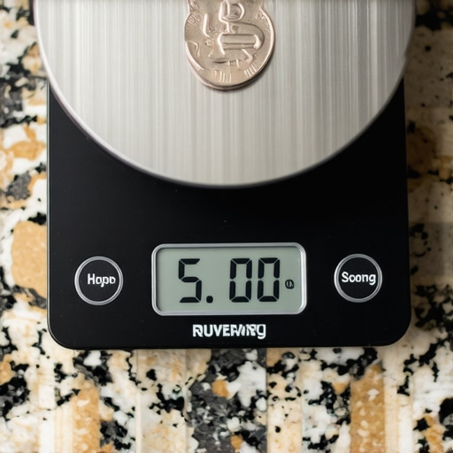 Calibrating a Digital Kitchen Scale with a Nickel A digital kitchen scale showing a 5-gram reading with a US nickel for calibration.