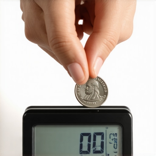A person placing a nickel on a digital kitchen scale to check for accuracy and calibration.