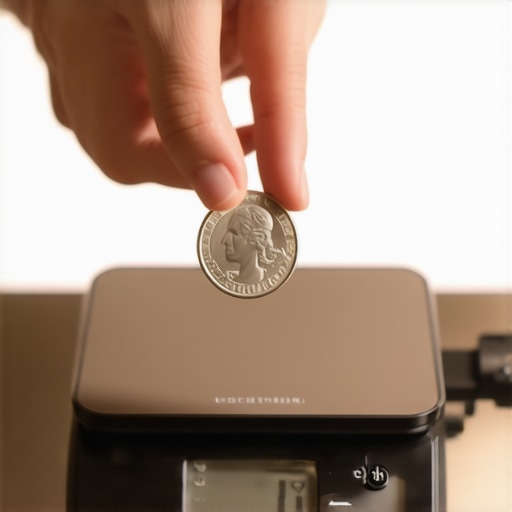 Calibrating a Digital Kitchen Scale with a Nickel A hand placing a US nickel on a digital kitchen scale for calibration