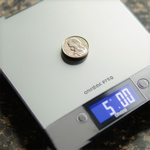 A digital kitchen scale being calibrated with a nickel on a granite countertop.
