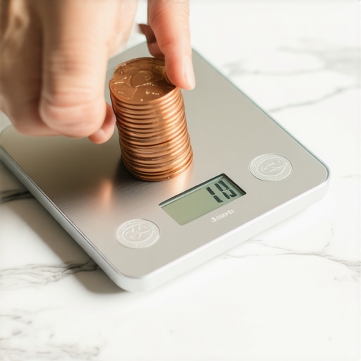 Close-up of calibrating a kitchen scale using coins on a marble surface