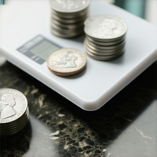 A stack of nickels being used to calibrate a digital kitchen scale for accuracy.