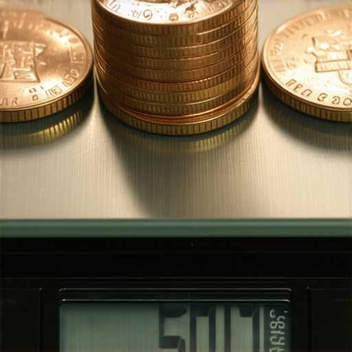 Close up of five nickels on a digital kitchen scale for calibration