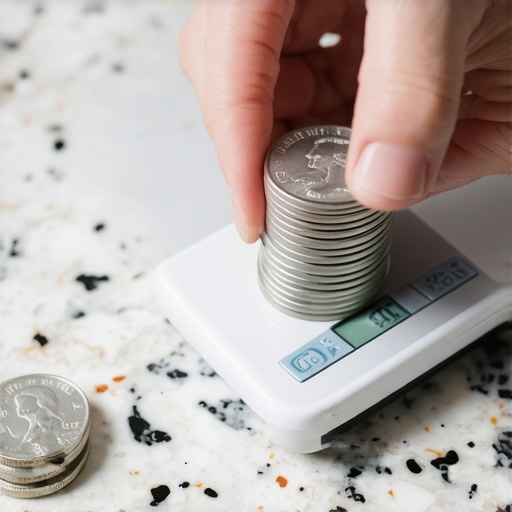 A hand placing five nickels on a digital kitchen scale to check for accuracy and calibration.