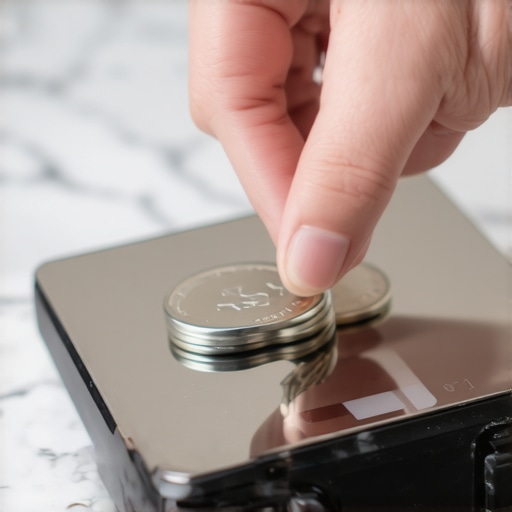 A digital kitchen scale being calibrated with a stack of nickels on a marble surface.