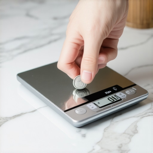 Calibrating a Digital Scale with a Nickel A close-up view of a nickel being used to calibrate a kitchen scale on a countertop.
