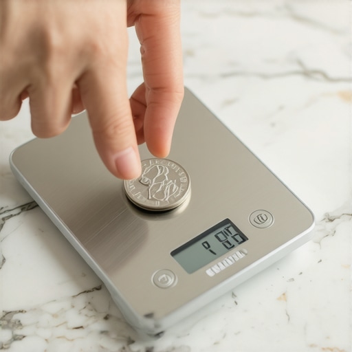 Calibrating a Digital Scale with a Nickel A person placing a US nickel on a digital scale for calibration.