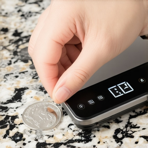 Hand placing a nickel on a digital kitchen scale for calibration.