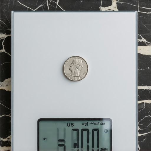 A digital kitchen scale being calibrated using a US nickel for weight precision.