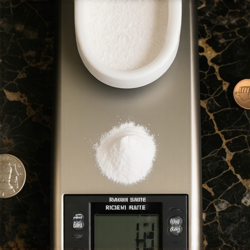 A digital scale measuring a small amount of salt next to a nickel.