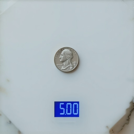Close-up of a US nickel on a digital kitchen scale showing 5.00 grams.
