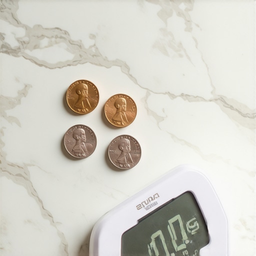 Close up of a kitchen scale being calibrated using five gram nickels