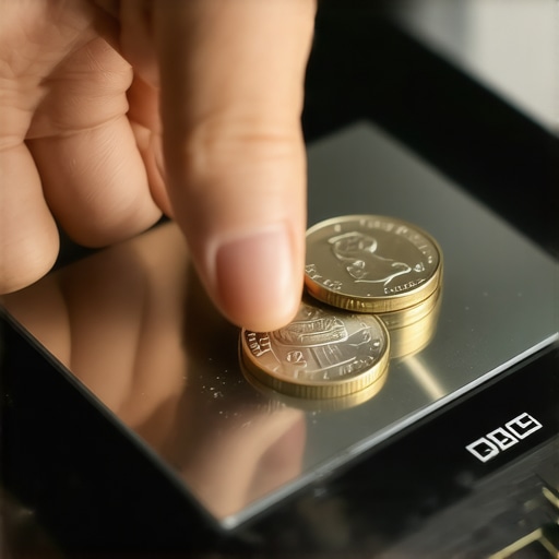 Close-up of a person using nickels to check the accuracy of a digital kitchen scale.