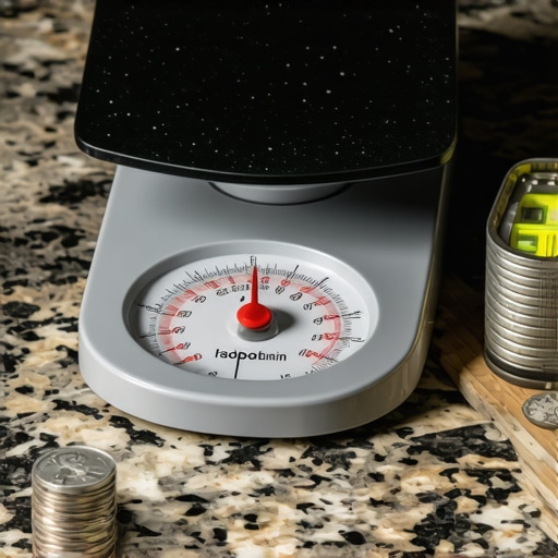 A precise setup for calibrating a kitchen scale using nickels and a level tool