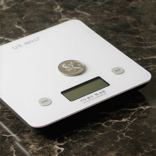 A digital kitchen scale on a granite counter being calibrated with a 5-gram US nickel.