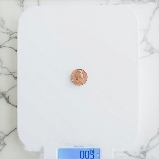 Close up of a digital kitchen scale being calibrated with a nickel on a marble counter.
