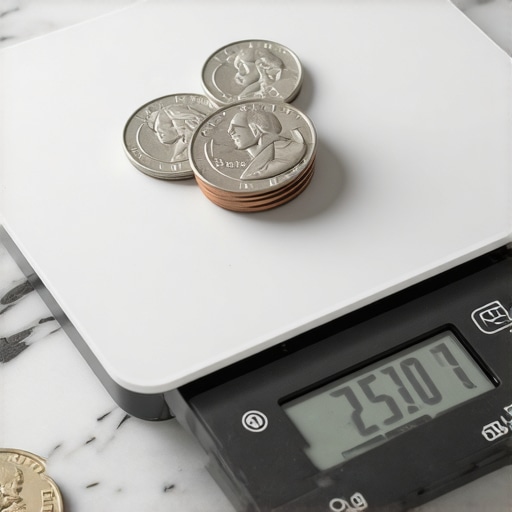 Calibrating a digital scale with nickels. A digital kitchen scale being calibrated using a stack of five US nickels.