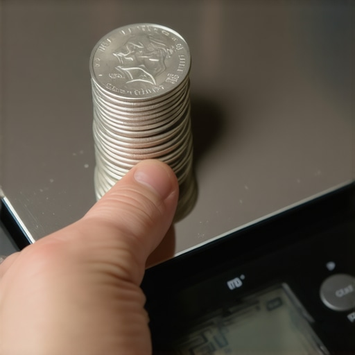 Hand calibrating a kitchen scale using five nickels