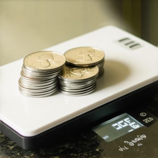 Calibrating a kitchen scale with nickels A stack of five nickels on a digital kitchen scale used for accuracy calibration.