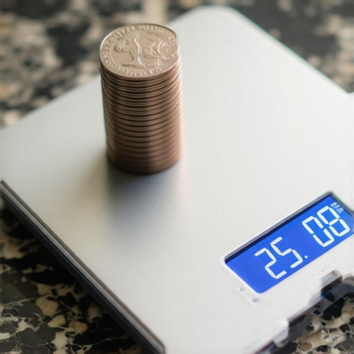 A digital kitchen scale displaying 25 grams while being calibrated with a stack of five US nickels on a hard countertop.