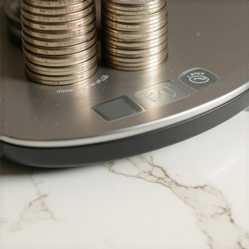 A stack of US nickels on a digital kitchen scale being used for calibration
