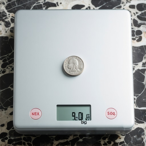 Checking Scale Accuracy with a Nickel A close-up of a digital kitchen scale displaying 5 grams with a US nickel on the sensor for calibration.