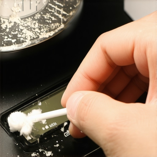 A cotton swab removing white battery corrosion from metal contacts inside a kitchen scale