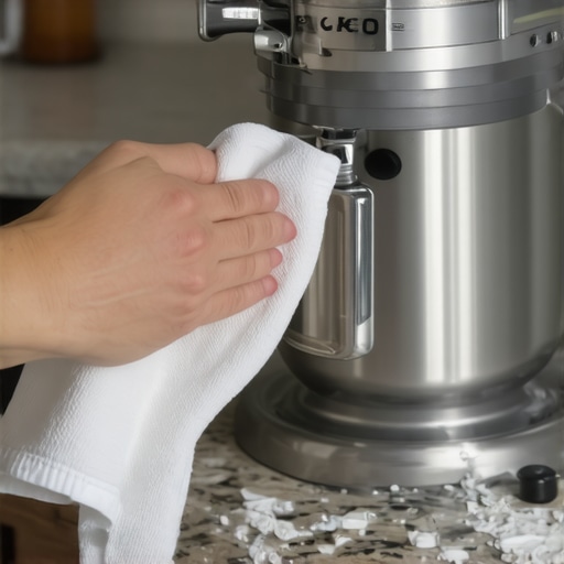 A person cleaning the rubber feet of a stand mixer to prevent it from sliding on a kitchen counter.