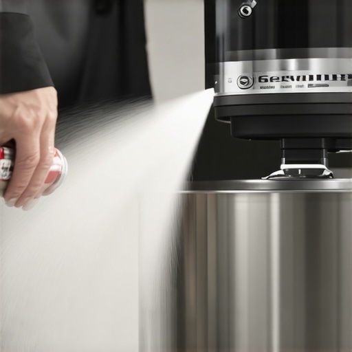 Person using compressed air to clean dust from kitchen mixer vents.