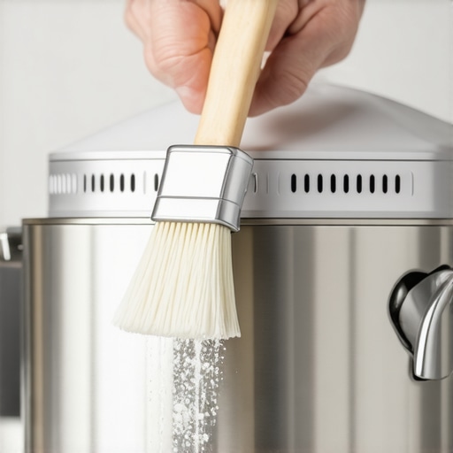 Cleaning Stand Mixer Ventilation Slats Person cleaning flour from stand mixer vents with a small brush.