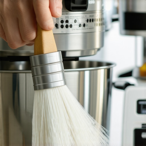 A close-up shot showing how to properly clean flour dust from a stand mixer's motor vents.