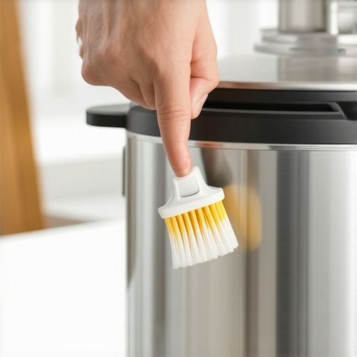 A hand cleaning the steam release valve of a stainless steel pressure cooker with a small brush