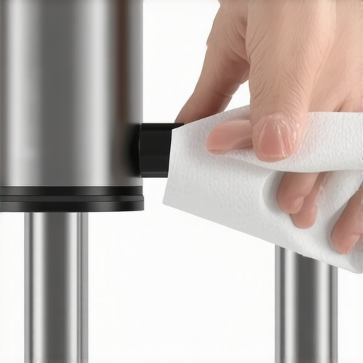 Detailed view of the paper towel flossing technique for cleaning blender motor bases.