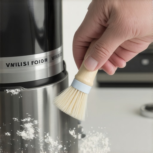 Cleaning flour and debris out of a silver stand mixer attachment socket with a small brush.