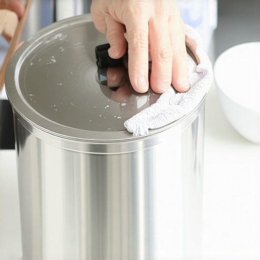A person using vinegar and a cloth to remove white residue from a pressure cooker lid.