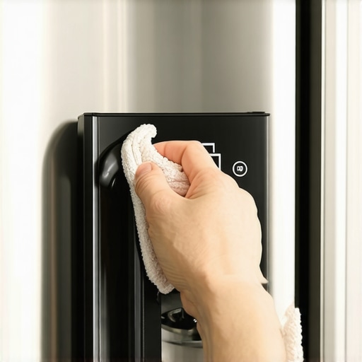 Close-up of cleaning a smart fridge door gasket with a cloth