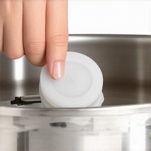 Hand removing the silicone seal from a pressure cooker float valve for cleaning