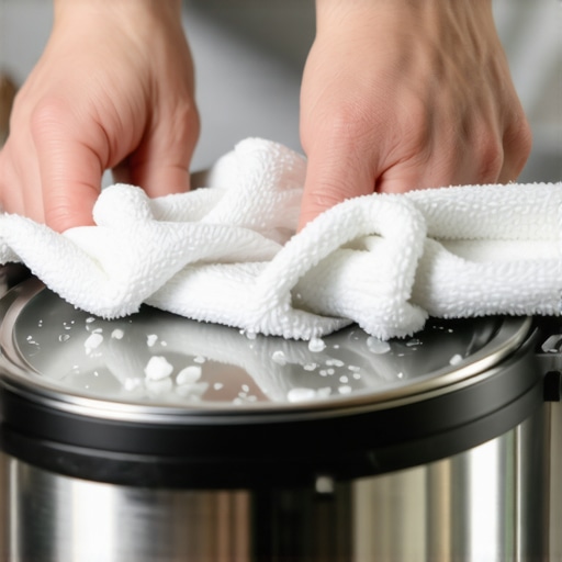 Cleaning the pressure cooker rim Close-up of cleaning a pressure cooker rim to ensure a proper seal.