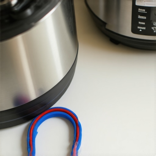 Blue and red silicone sealing rings next to a pressure cooker lid