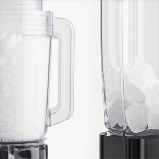 A visual comparison of snow-like crushed ice versus jagged ice pebbles from a blender sharpness test.
