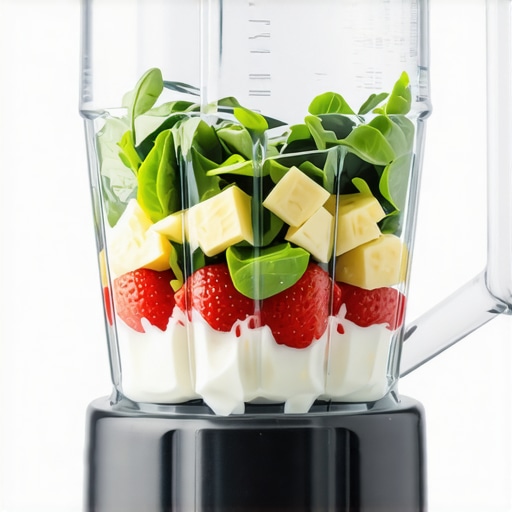 Diagram showing liquid at bottom and frozen fruit on top of a blender jar