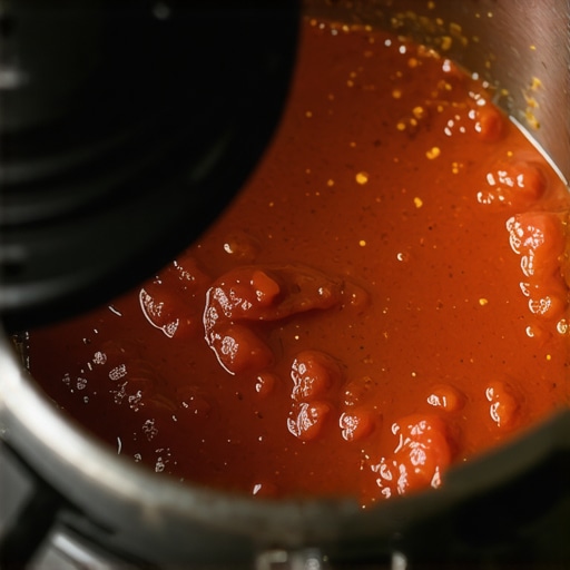 Close up of a pressure cooker showing water at the bottom and sauce on top to prevent burning.