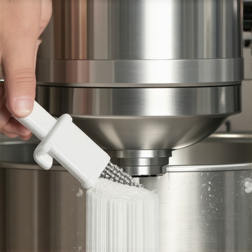 A person cleaning the internal crevices of a stand mixer with a small brush.