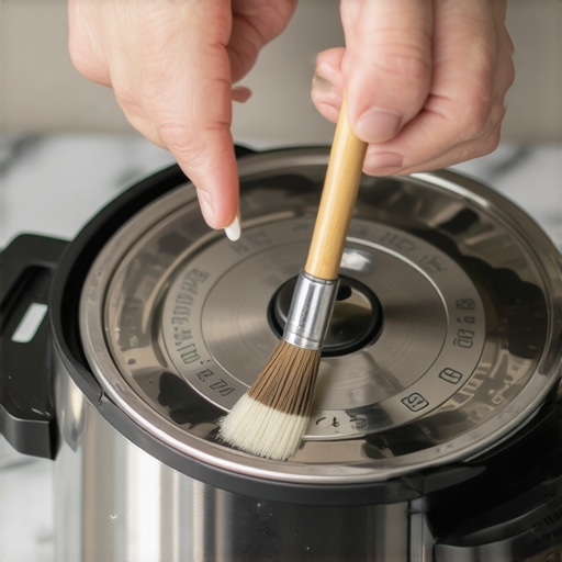 Deep Cleaning a Pressure Cooker Lid A person meticulously cleaning the internal components of a pressure cooker lid to prevent mold and buildup.