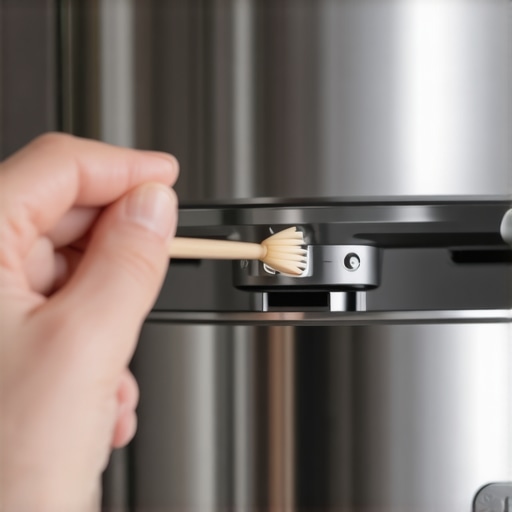 A close-up view of maintaining a stand mixer using the toothpick method to remove debris.